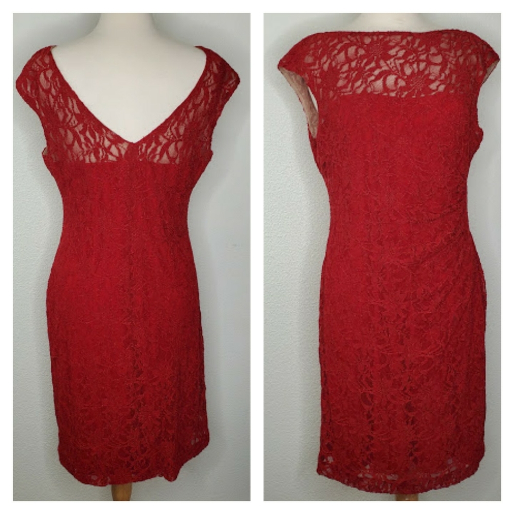 Lauren Ralph Lauren Red Cinched Waist Lace Dress